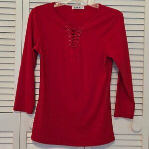 Red 3/4 Sleeve Lace Up Tee - Size S